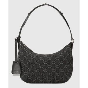 Gucci Jacquard Denim GG Monogram Horsebit Slim Small Shoulder Bag Black Grey